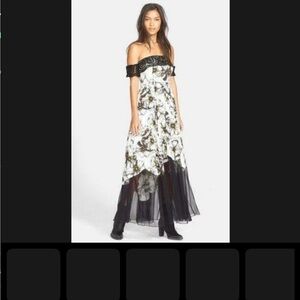 Free People Off Shoulder Hibiscus Print Maxi Dress Floral Lace Black White Small